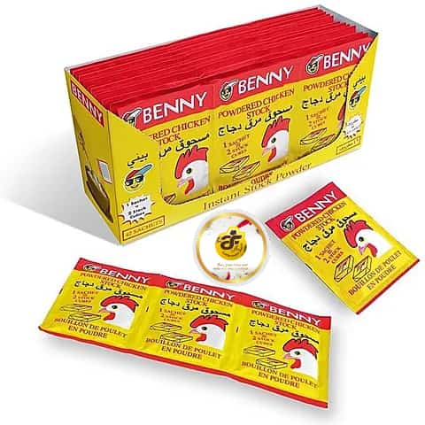 Benny Powdered Flavoured Stock features 1 sachet / sache which equals to 2 stock cubes .